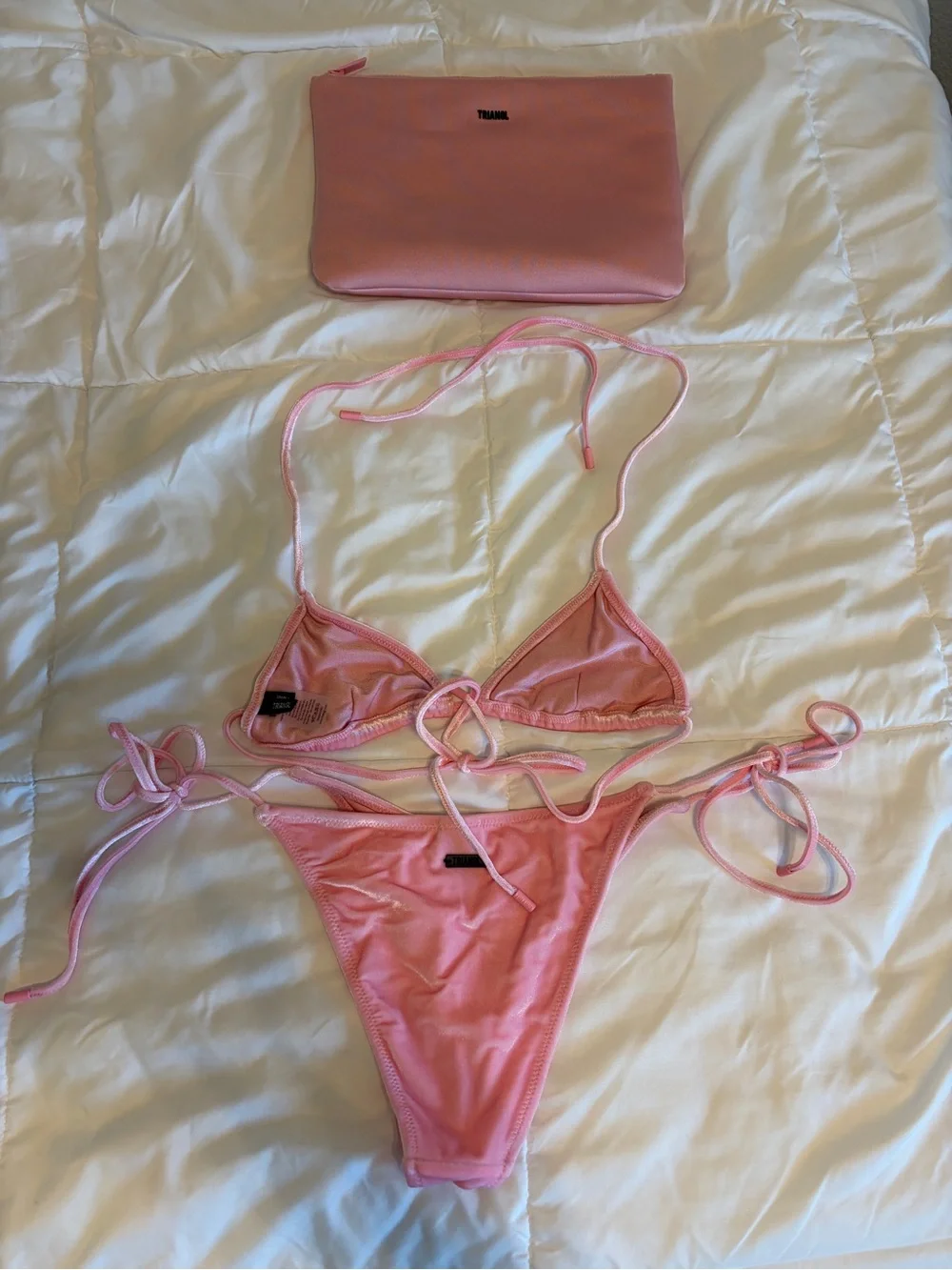 triangl swimwear Vinca Pink Candy Velvet Triangle Tie Bikini Set